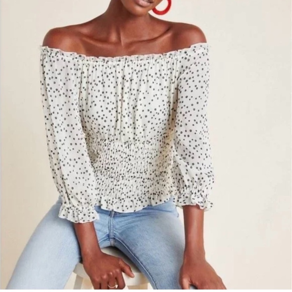 By Anthropologie Lucia Off Shoulder Polka Dot Smocked Top - Size XS